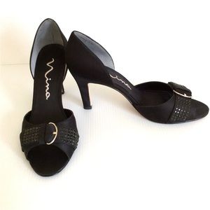 Nina Women's Black Satin and Crystal Peep Toe D'Orsay Shoe Size 7.5